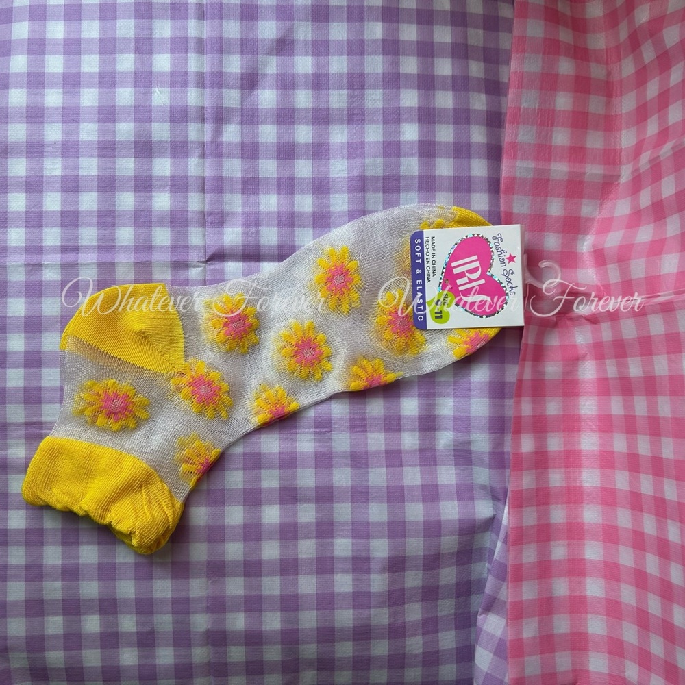 Yellow pink and white soft & elastic see through flower socks